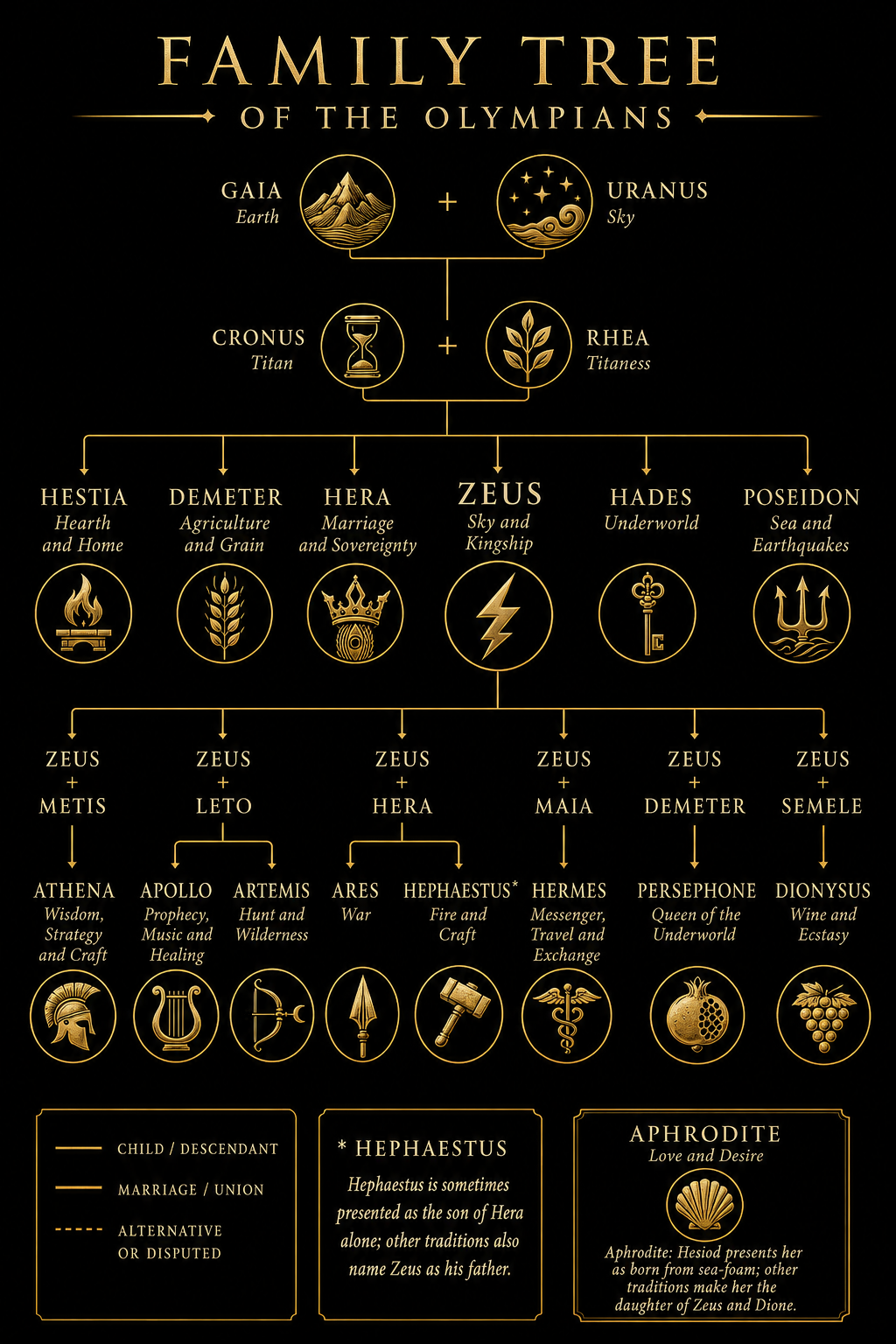 Family tree of the Olympian gods showing Gaia, Uranus, Cronus, Rhea, Zeus, Hera, Poseidon, Hades and major divine descendants