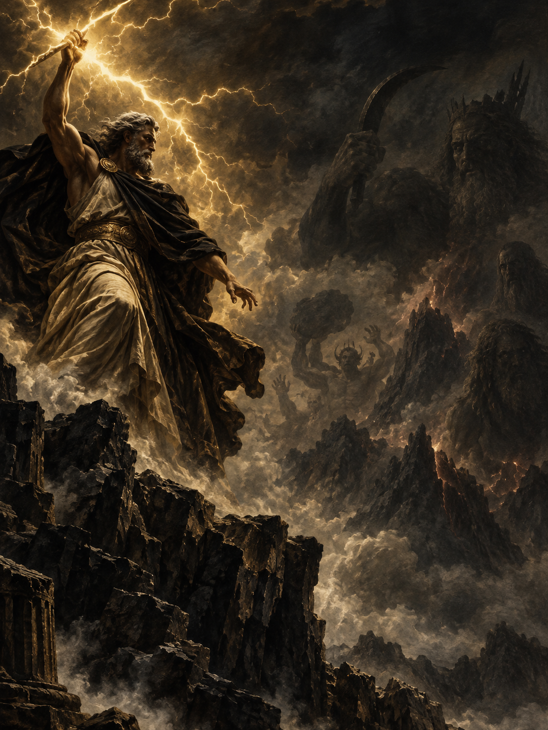 Zeus wielding a thunderbolt against the Titans during the Titanomachy in Greek mythology