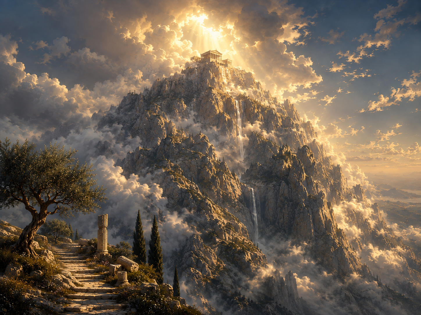 Mount Olympus fine art with a majestic Greek temple above the clouds in a cinematic Greek mythology landscape.