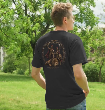 A man wearing a black t-shirt with a circular graphic print on the back, standing in a grassy park with trees in the background.
