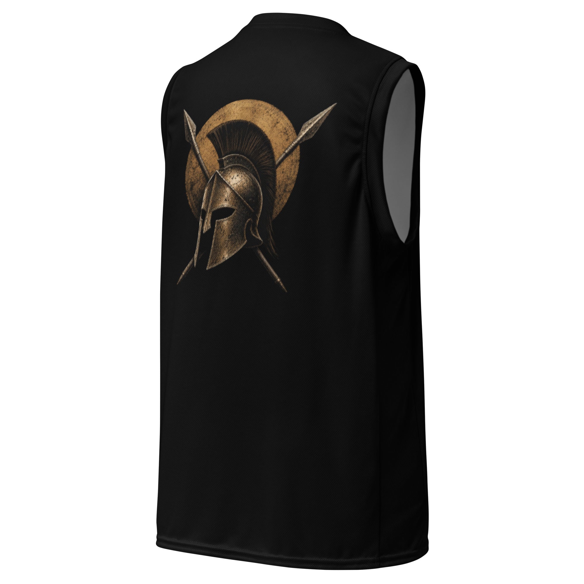 Black sleeveless athletic jersey shown from the back, featuring a large graphic of a Spartan helmet and crossed spears inside a gold circular emblem.