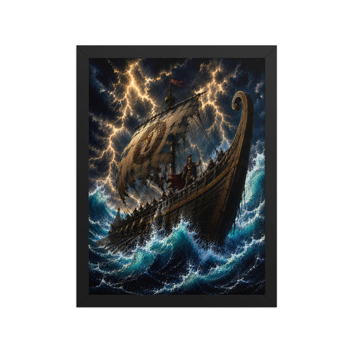 Framed artwork of Odysseus' ship in a stormy sea with lightning effects