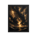 A framed art print depicting a dramatic storm scene over an ocean, with glowing golden light breaking through dark clouds and rain on the waves, presented in a black frame against a white background.