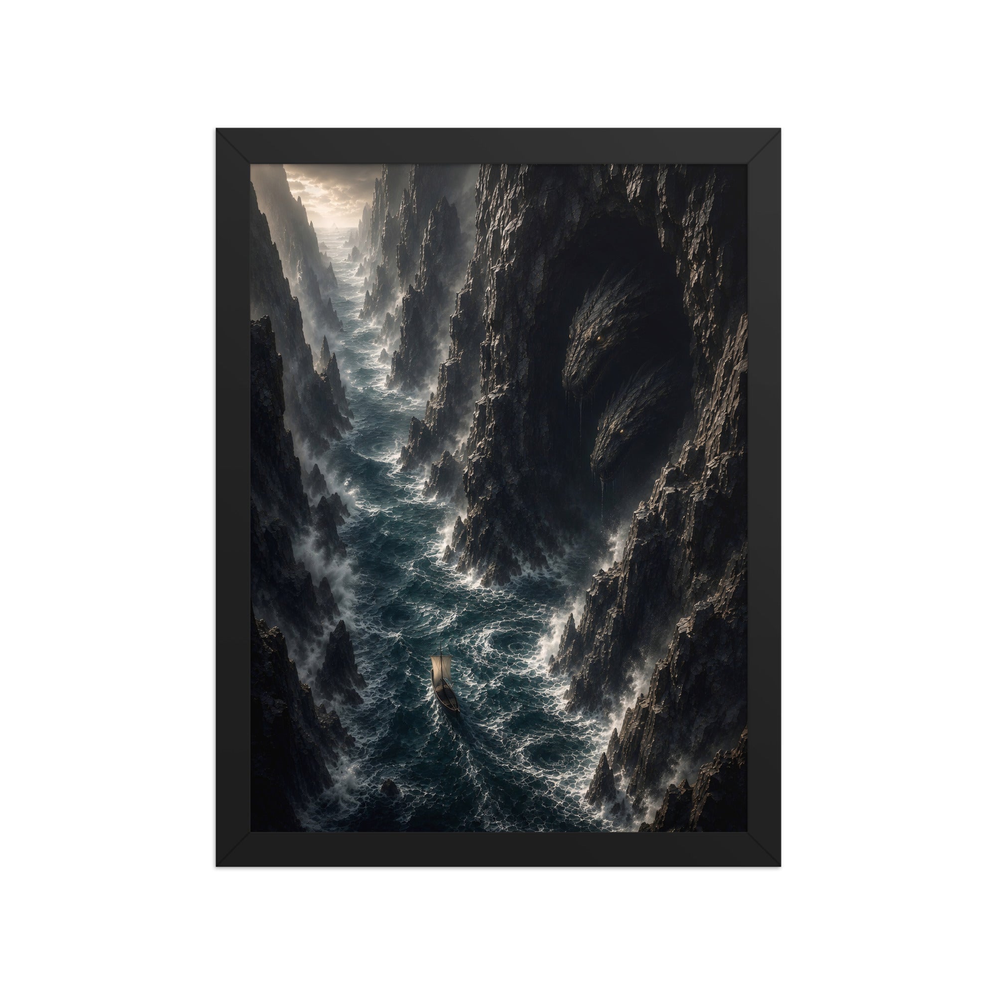 A framed art print depicting a dramatic, high-angle view of a narrow river or canyon with dark rocky cliffs and white water, presented in a black frame against a plain white background.