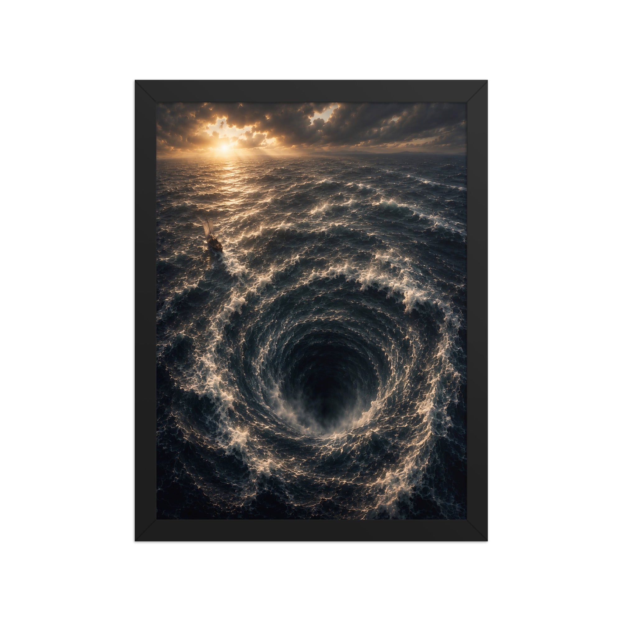 A framed art print depicting a dramatic ocean scene with a swirling vortex or whirlpool in dark blue water under a golden sunset sky, presented in a black frame against a white background.