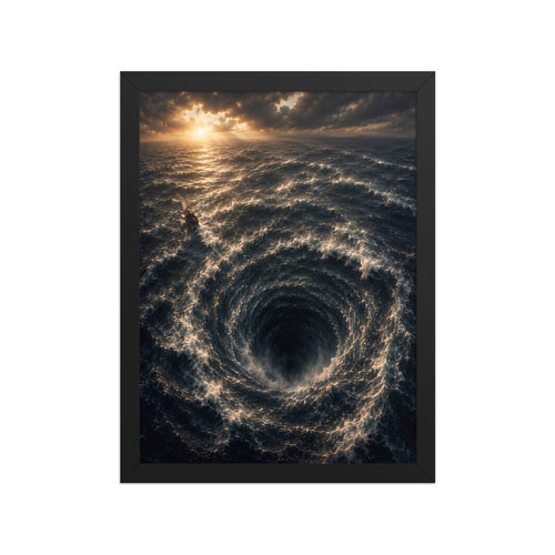A framed art print depicting a dramatic ocean scene with a swirling vortex or whirlpool in dark blue water under a golden sunset sky, presented in a black frame against a white background.