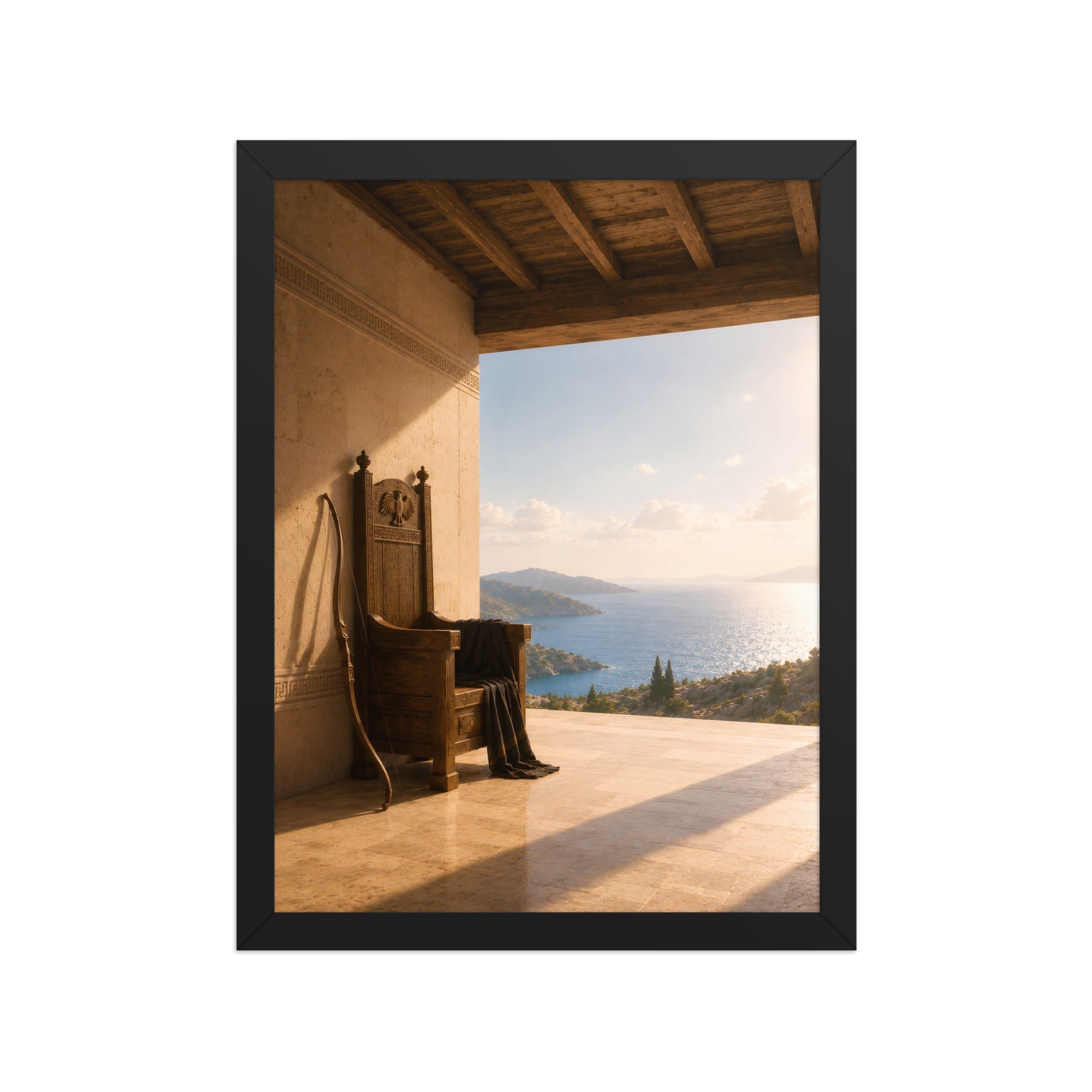 A framed art print depicting a scene of an ancient throne overlooking a scenic blue sea and mountains, presented in a black frame against a white background.