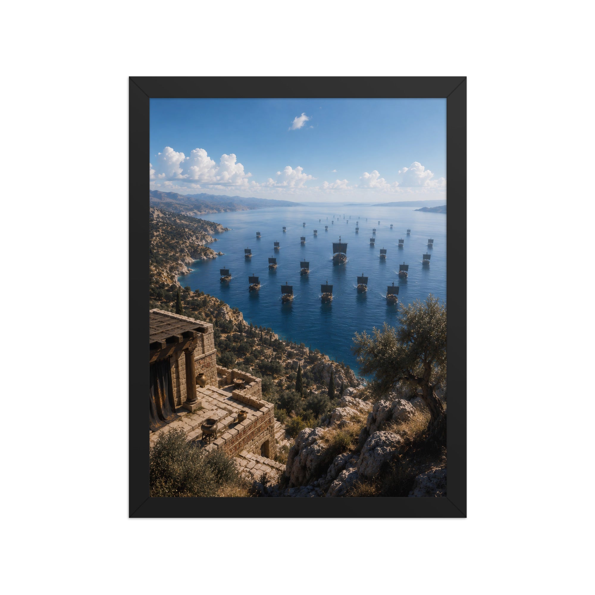 A framed vertical art print showcasing a scenic coastal landscape with ancient stone ruins on a cliffside, overlooking a deep blue sea filled with numerous small boats under a bright blue sky with white clouds.