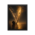 A framed art print featuring a dramatic golden sunset scene over water, with a silhouetted figure reaching upward toward a tree branch and a glowing orb suspended in the air. The print is presented in a black frame against a solid white background.