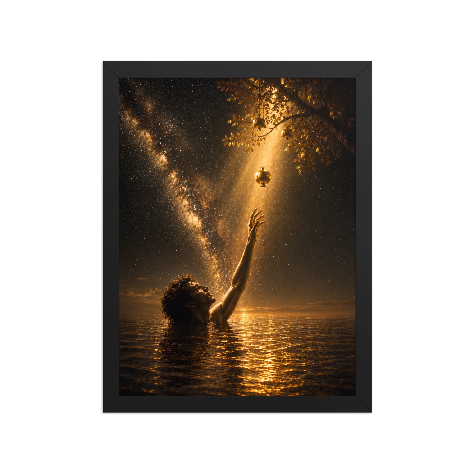 A framed art print featuring a dramatic golden sunset scene over water, with a silhouetted figure reaching upward toward a tree branch and a glowing orb suspended in the air. The print is presented in a black frame against a solid white background.