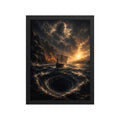 A framed art print depicting a dramatic seascape with a small sailboat in a swirling stormy ocean, dark clouds, and a glowing sunset, shown against a plain white background.