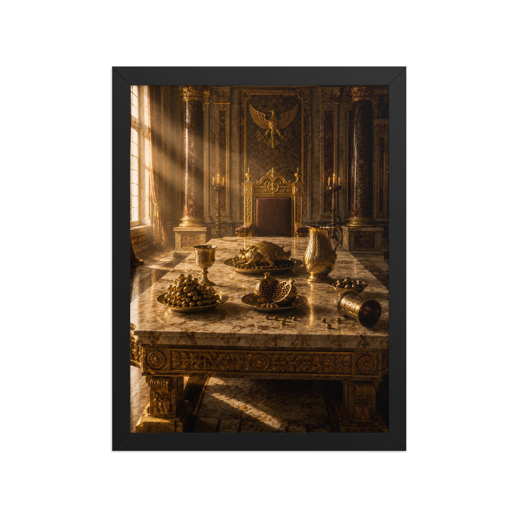A framed art print depicting an ornate classical dining room scene with golden light streaming through a window onto a marble table set with food and goblets, presented in a black frame against a white background.