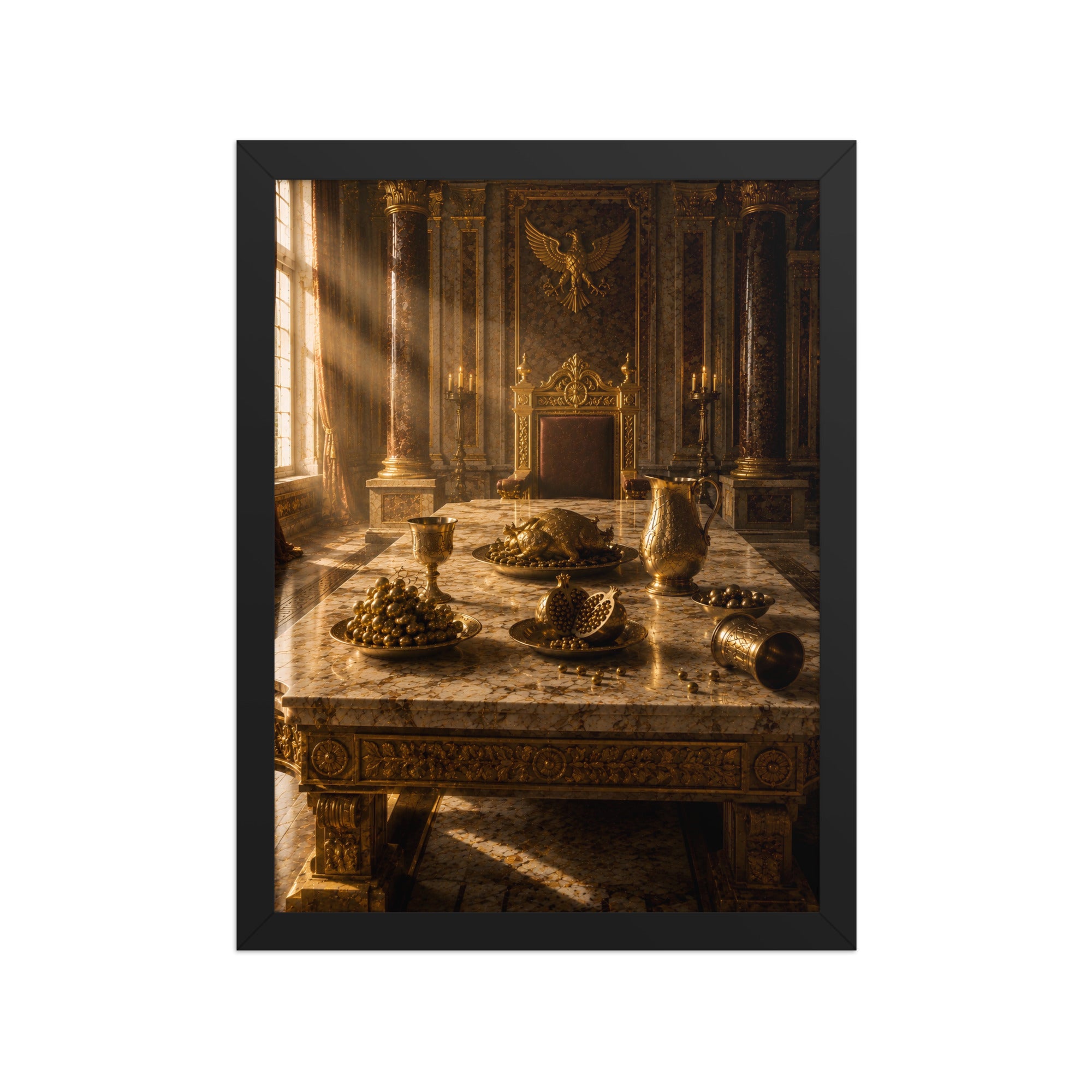 A framed art print depicting an ornate classical dining room scene with golden light streaming through a window onto a marble table set with food and goblets, presented in a black frame against a white background.