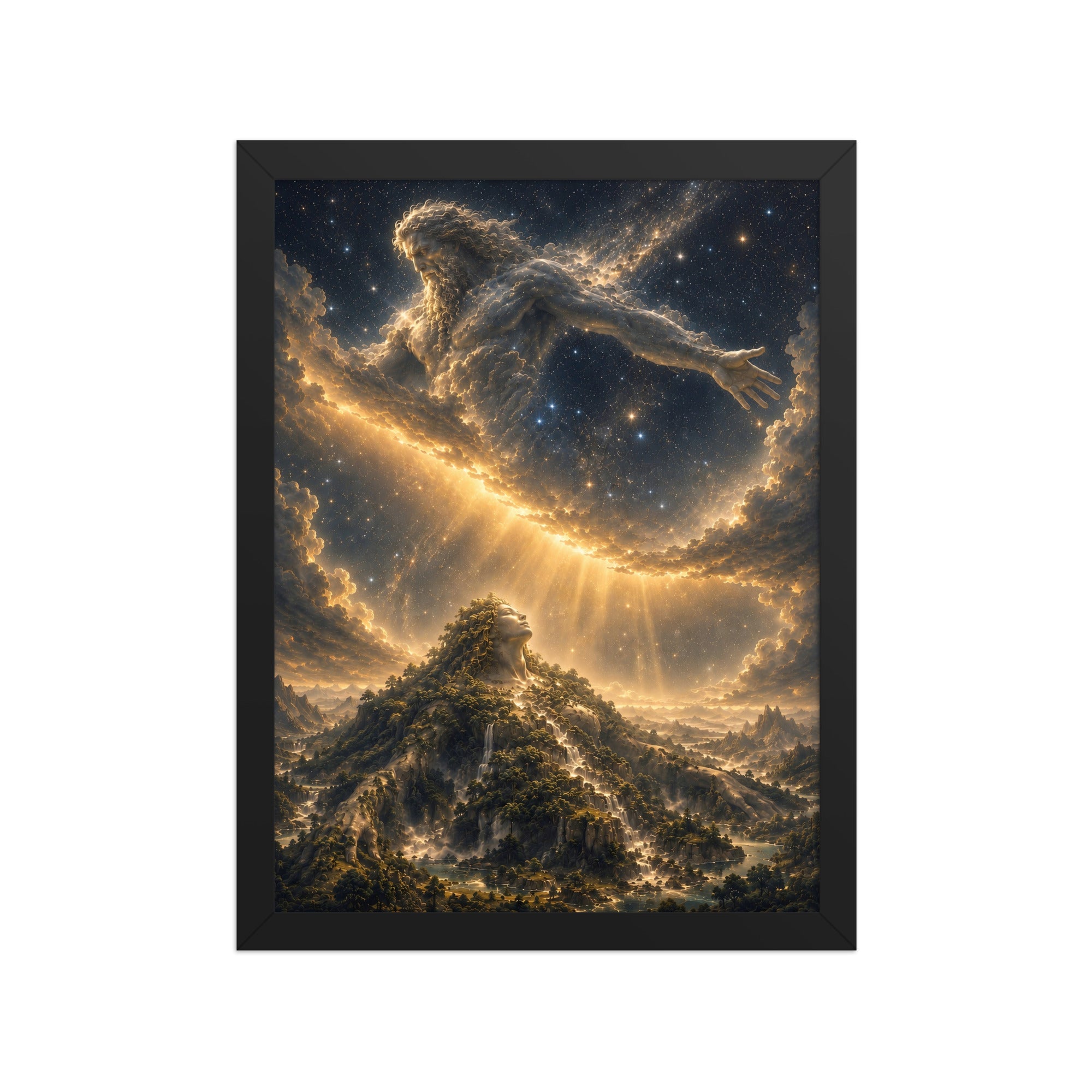 Greek mythology artwork depicting Uranus in the star-filled sky above Gaia as Earth and Sky are separated by celestial light.
