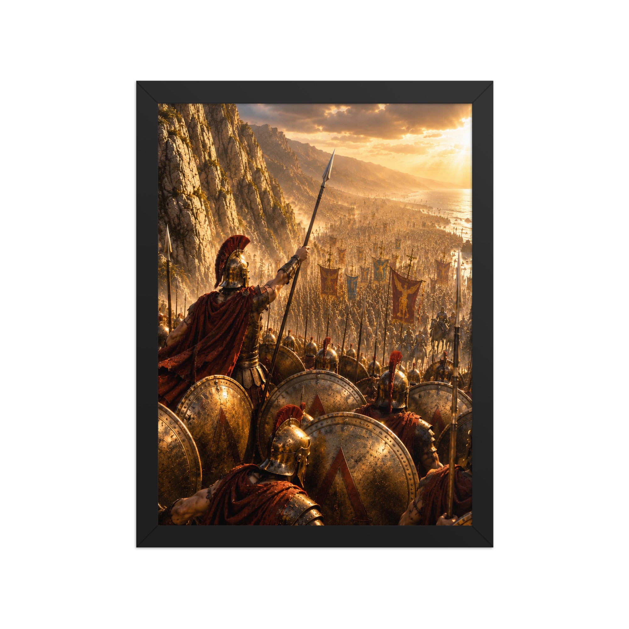 The Last Stand artwork depicting King Leonidas leading the Spartan shield wall at the Battle of Thermopylae as the vast Persian army advances through the narrow coastal pass at sunrise.