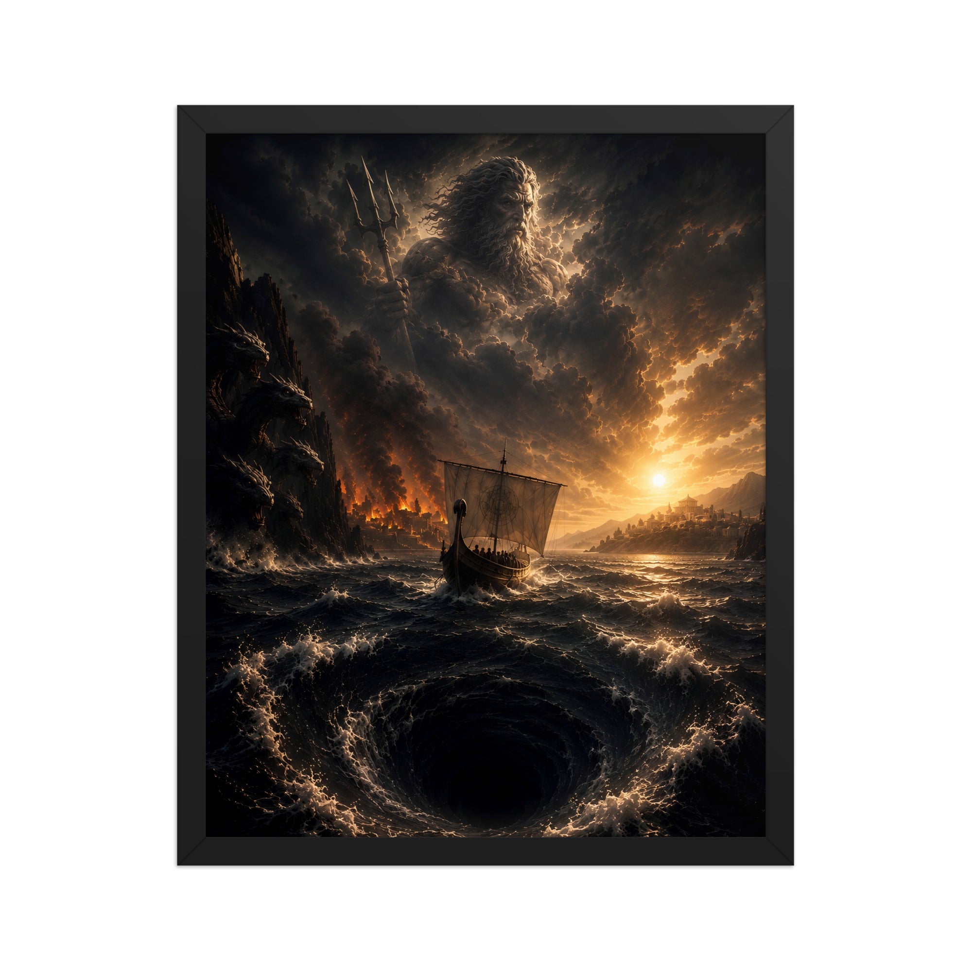 the odyssey wall art depiction of the journey of Odysseus, with Posidieon looking down on him.