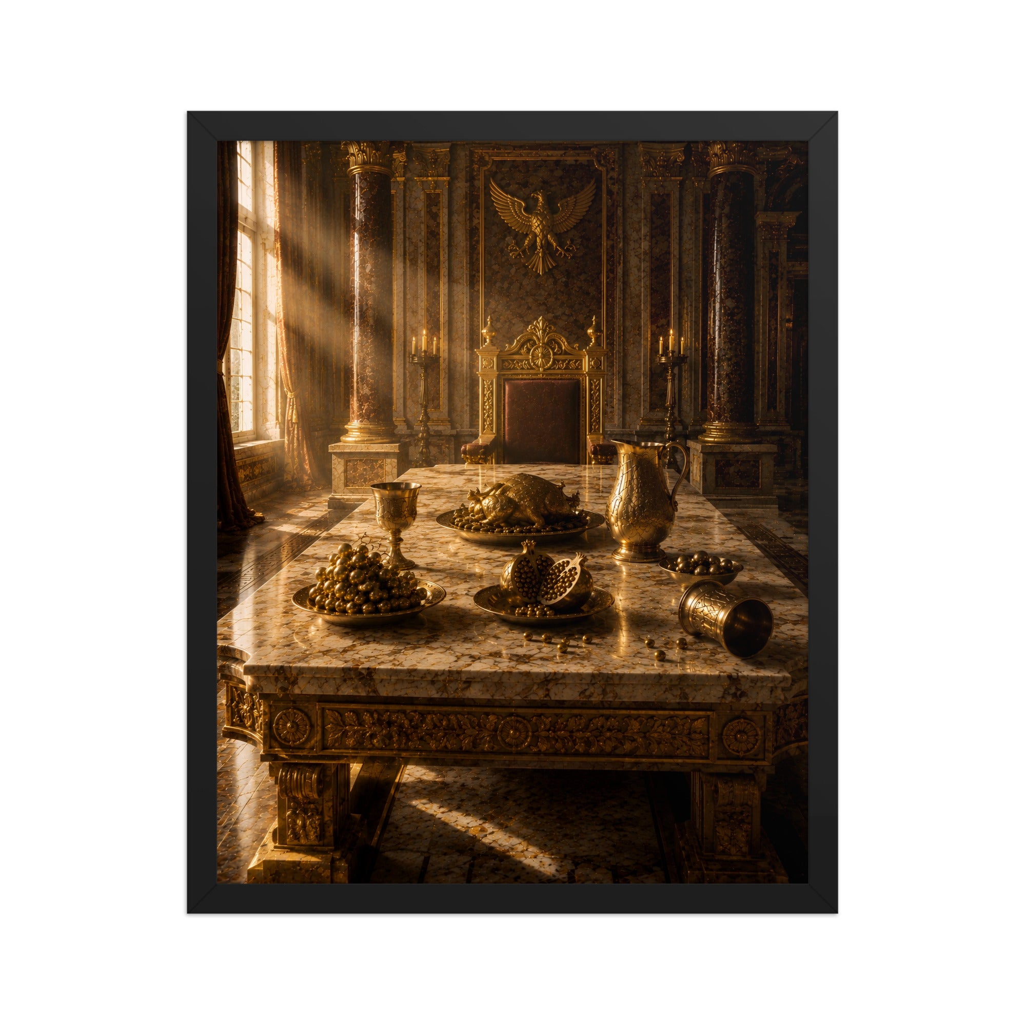 Premium fine art depicting the empty throne of King Midas before a magnificent banquet transformed into solid gold inside a grand ancient royal hall.