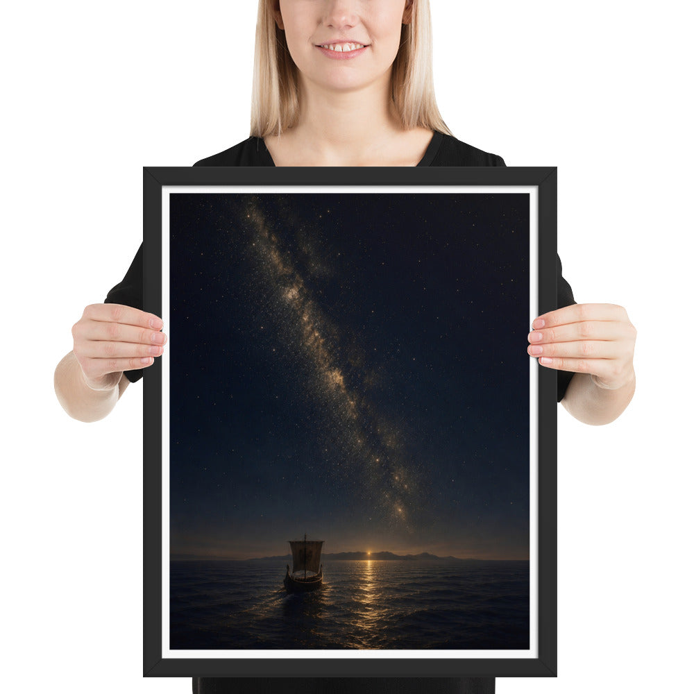 A woman holds up a framed art print featuring a night sky filled with stars and the Milky Way galaxy over a dark ocean with a small boat silhouette. The print has a black frame and white mat, held against a solid white background.