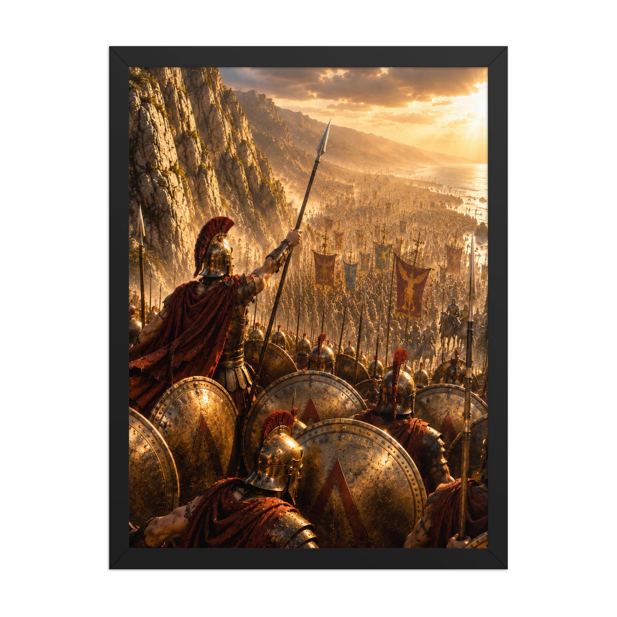 A framed art print depicting a dramatic ancient battle scene with Greek soldiers holding bronze shields and spears, set against a glowing coastal landscape at sunset. The print is presented in a black frame on a clean white background. 
