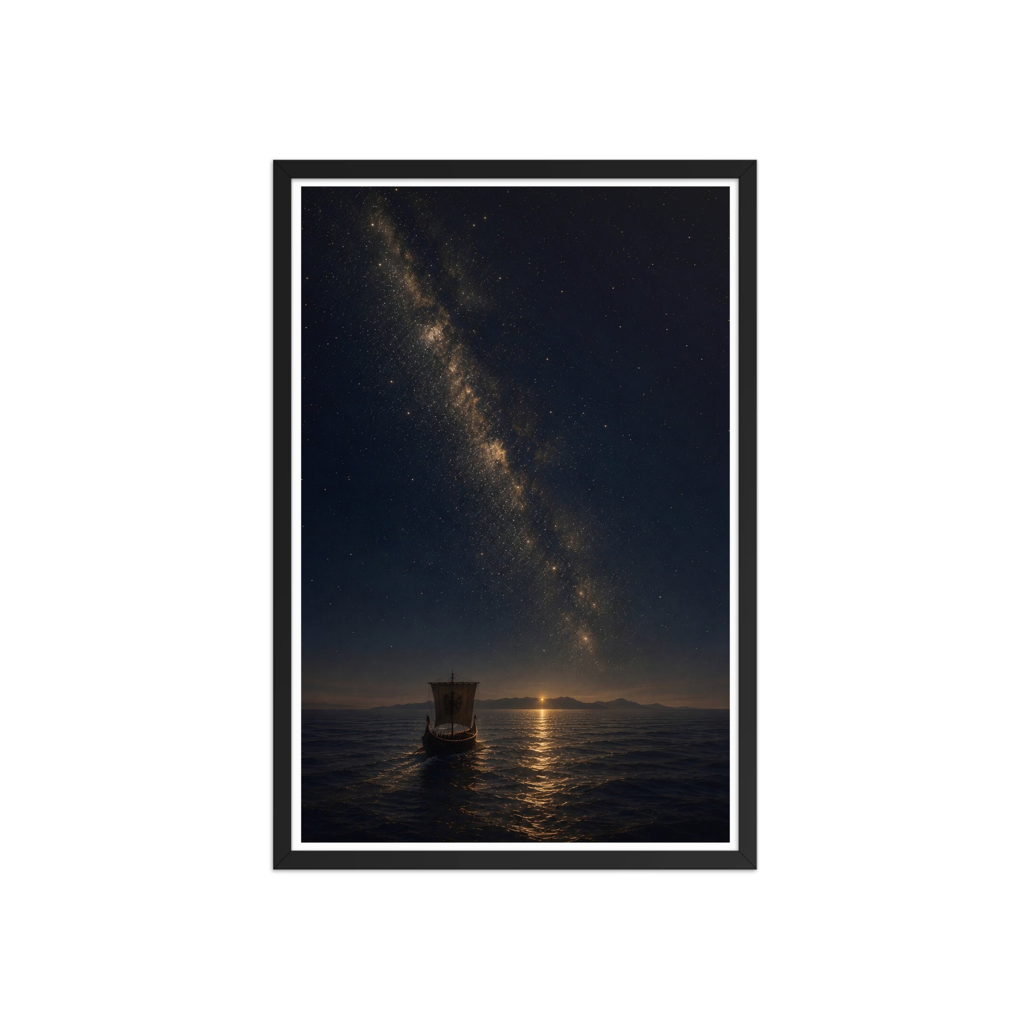 A framed vertical art print depicting a night sky filled with stars and the Milky Way over a dark ocean, with a small boat near the horizon. The print has a white inner border and a black outer frame, shown against a plain white background.
