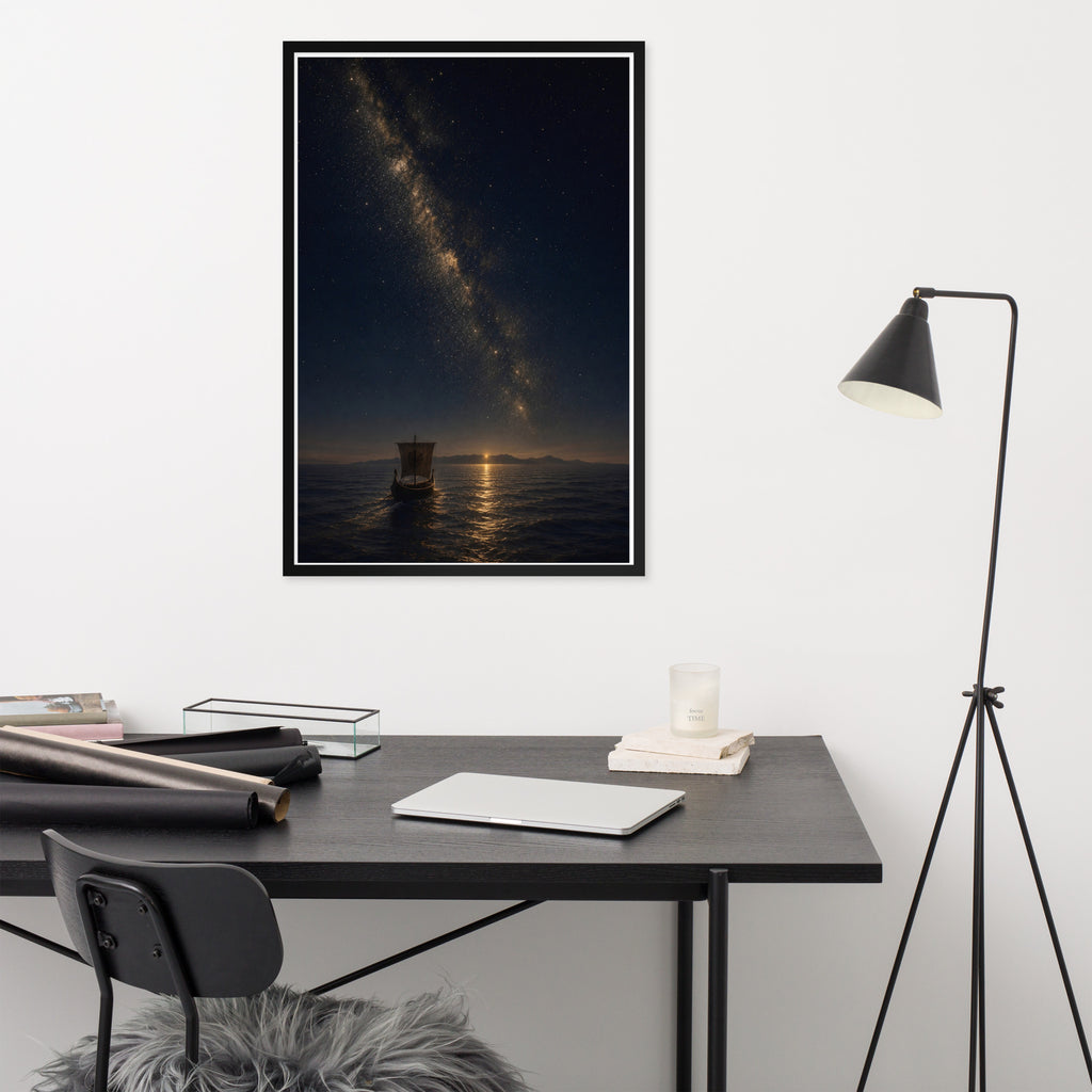 A framed vertical wall art print showing a night seascape with the Milky Way over a lighthouse, displayed above a dark desk in a modern home office setting.