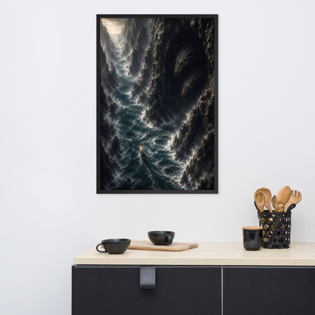 A framed vertical art print depicting a dramatic dark ocean wave scene, displayed on a white wall above a kitchen counter with black mugs and utensils.