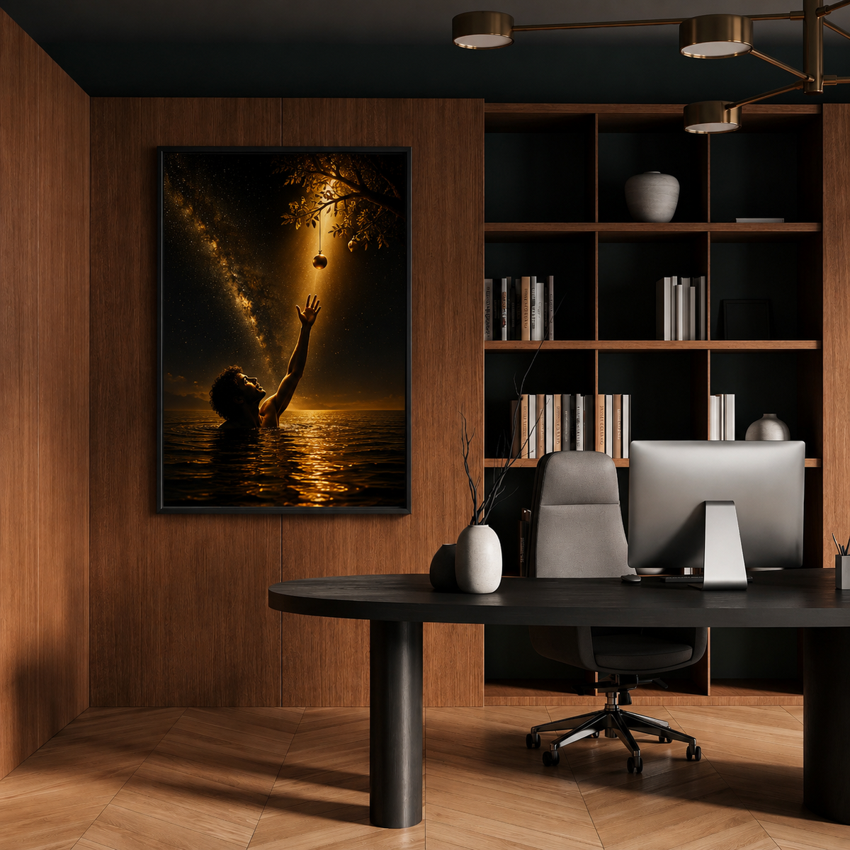 A framed vertical wall art print hangs on a wood-paneled wall in a modern home office. The artwork depicts a person in dark water reaching toward a glowing tree branch at sunset.