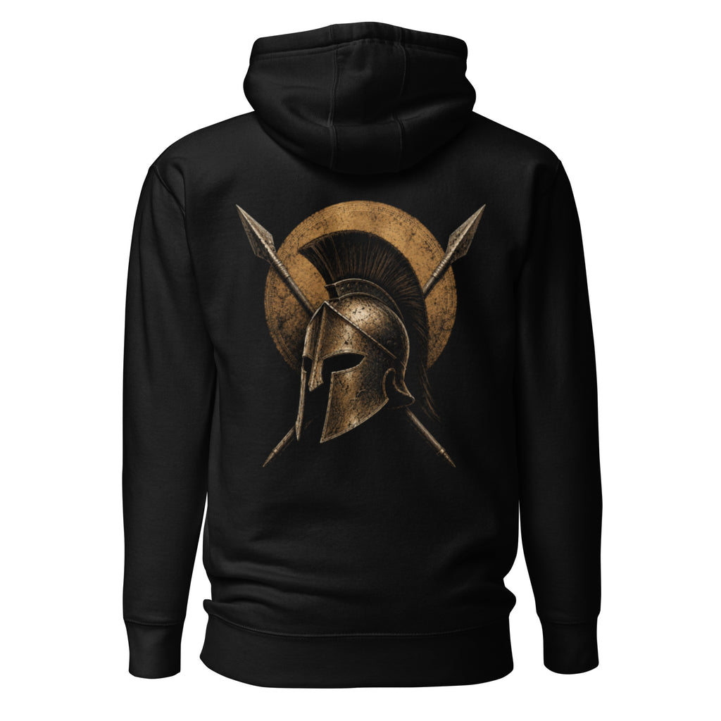 A pullover hoodie shown from the back, featuring a large graphic print of a Spartan helmet and crossed spears inside a distressed gold circle.