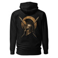 A pullover hoodie shown from the back, featuring a large graphic print of a Spartan helmet and crossed spears inside a distressed gold circle.