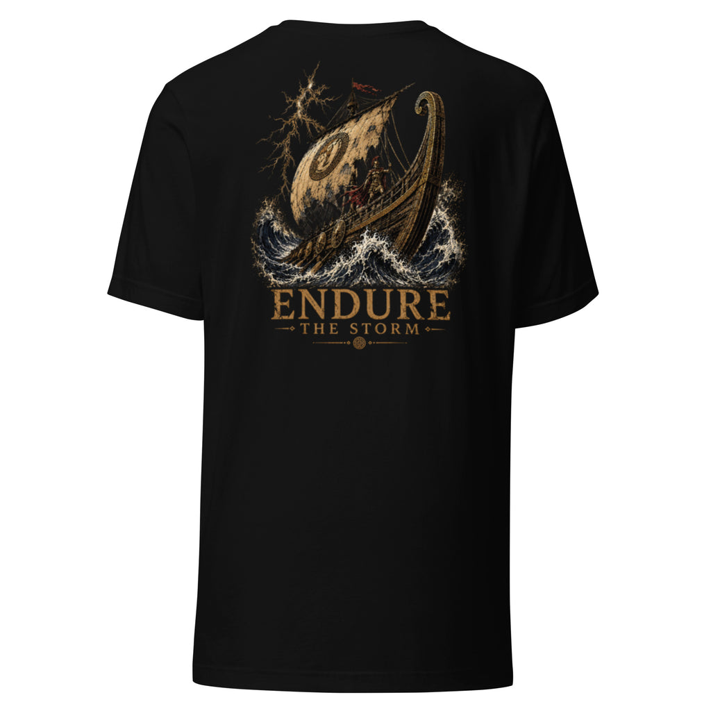 A black short-sleeve t-shirt shown from the back, featuring a large graphic print of a Viking longship battling a stormy sea with the text 'ENDURE THE STORM' in a distressed gold and brown font.