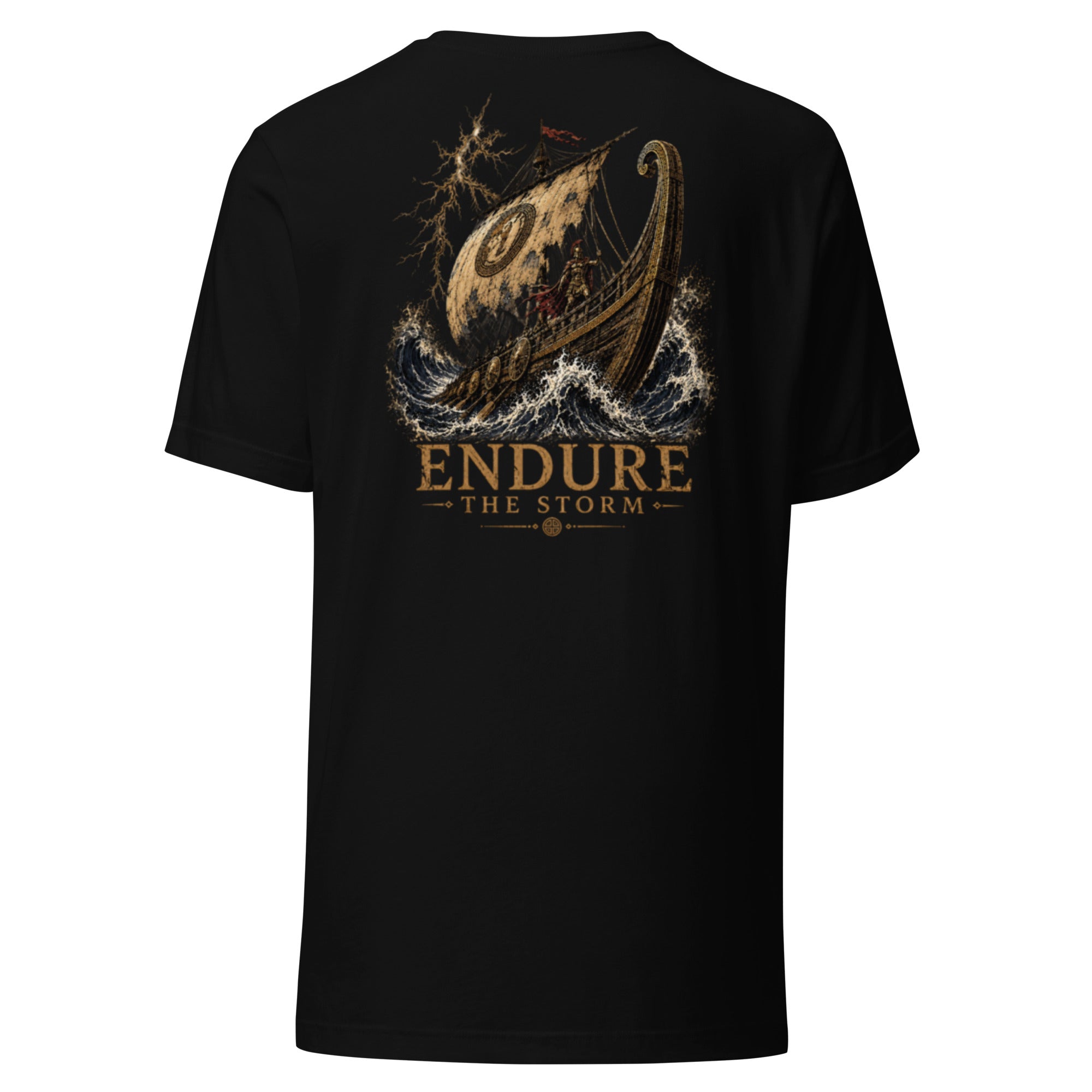 A black short-sleeve t-shirt shown from the back, featuring a large graphic print of a Viking longship battling a stormy sea with the text 'ENDURE THE STORM' in a distressed gold and brown font.