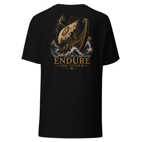 A black short-sleeve t-shirt shown from the back, featuring a large graphic print of a Viking longship battling a stormy sea with the text 'ENDURE THE STORM' in a distressed gold and brown font.